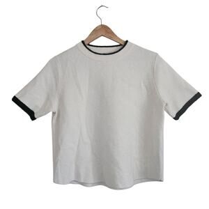 Zara Knit Ivory Black Faux Fur Contrast Tipped Tee Modern Cropped Sweater Size L